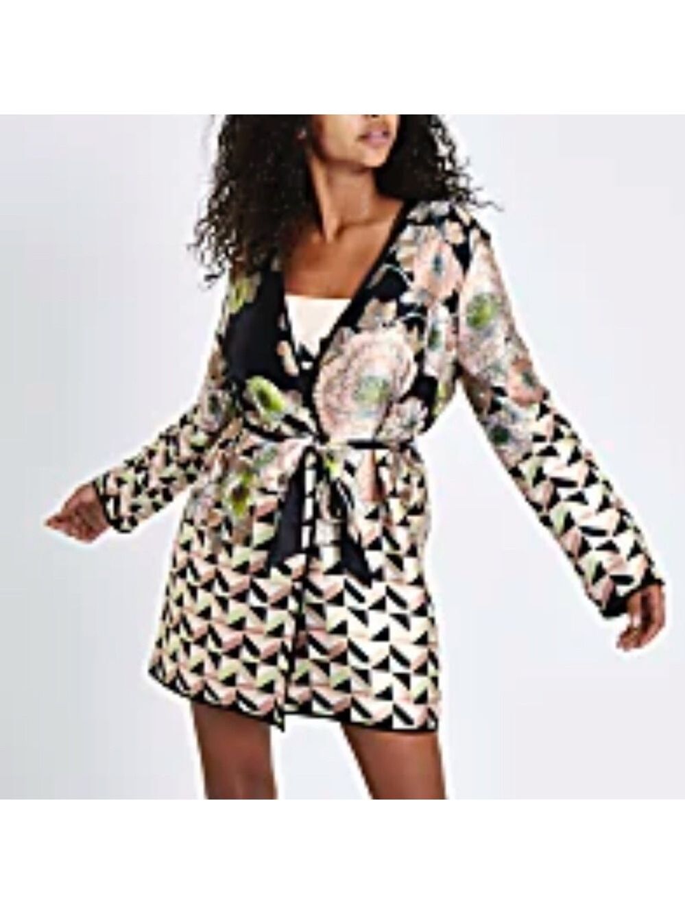 River Island Black satin floral padded dressing gown Wrap Small floral jacket